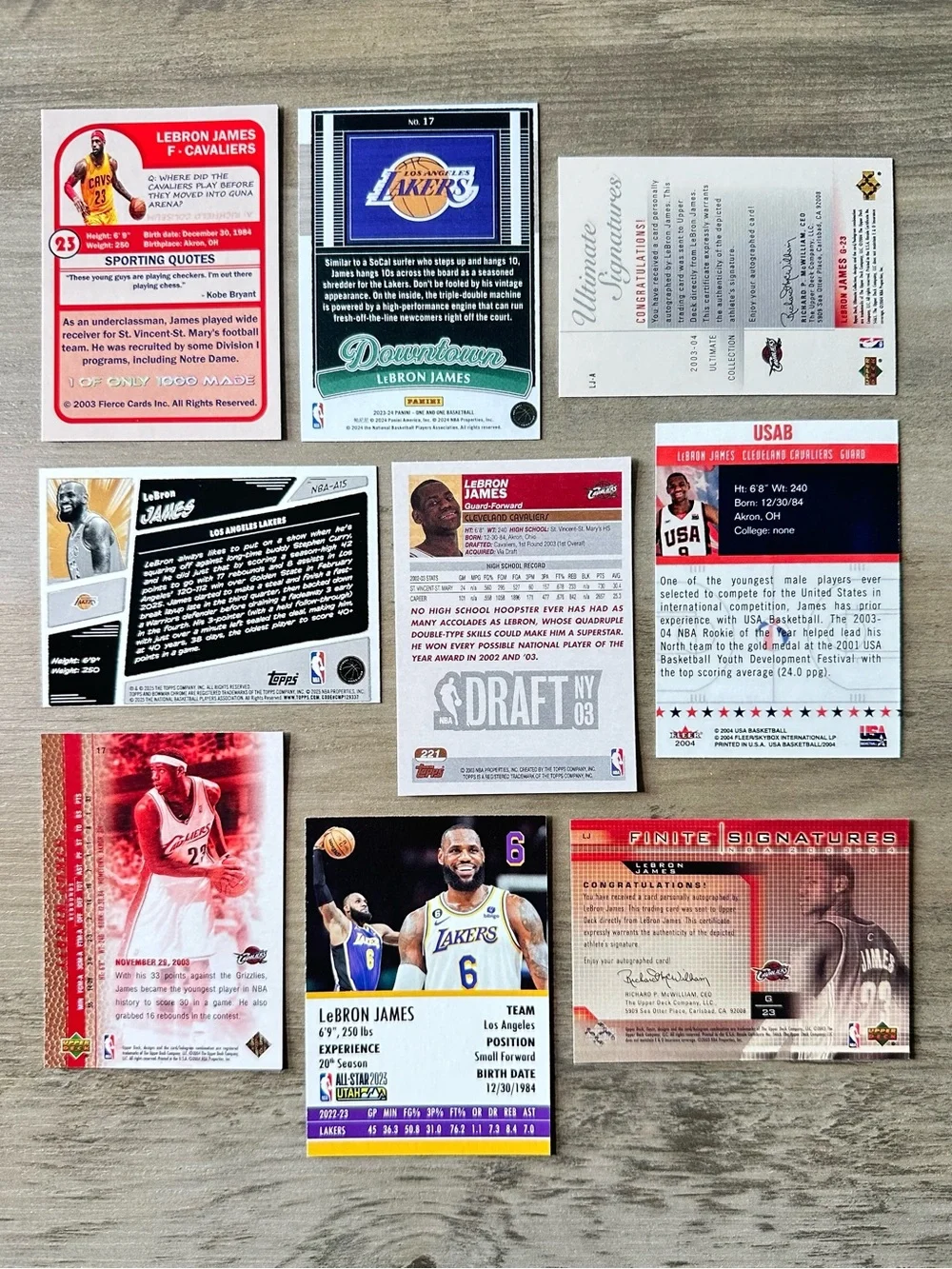 Lebro James Signed Rookie Lot of 9 Topps Upper Deck Downtown Anime Novelty Cards
